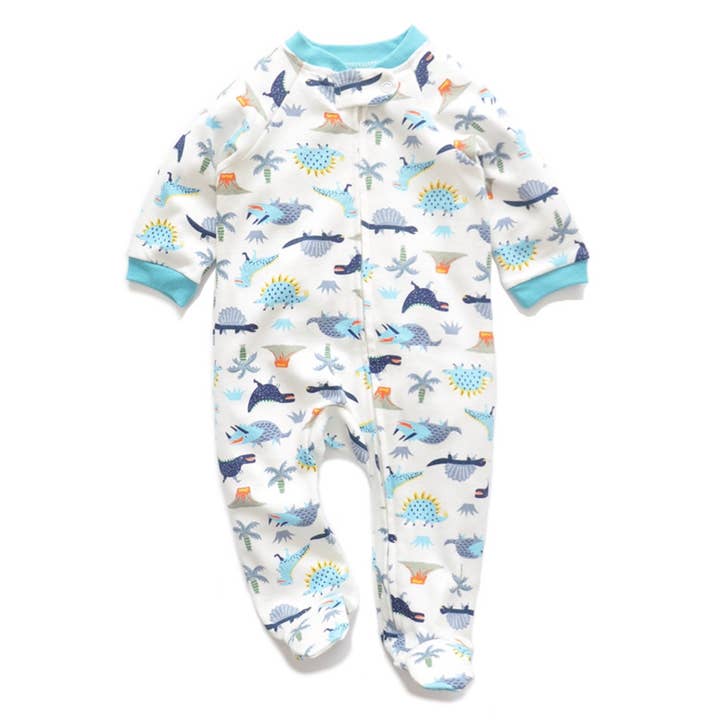 White Dinosaur Print Cotton Zipped Babygrow for Babies for wholesale by ZIPPYUP