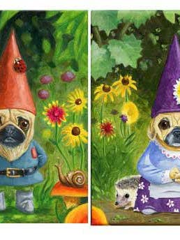 Pug, Mr. and Mrs. Pug Gnome Set, Dog Art Print for wholesale by Brian Rubenacker studios