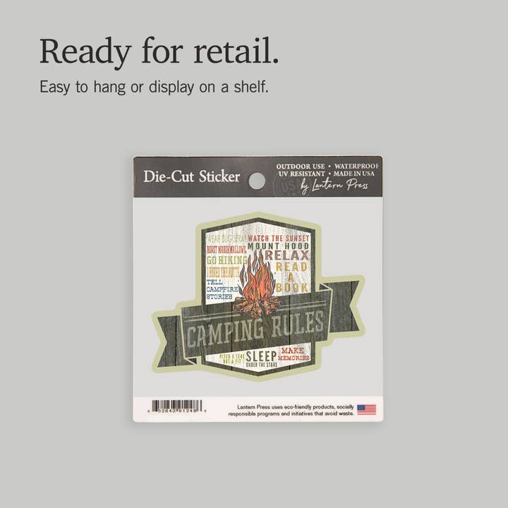 Lantern Press - Wholesale Sticker - Vinyl Sticker Camping Rules, Typography6