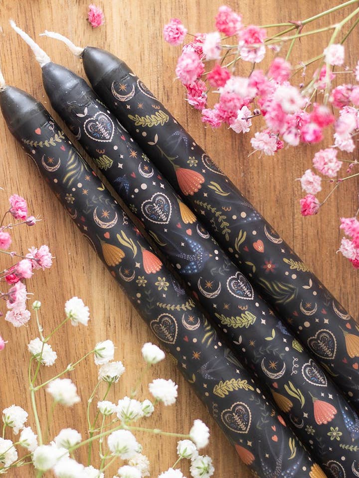Set of 3 Black Midnight Print Taper Candles and other Purchase Wholesale medieval halloween costumes. Free Returns & Net 60 Terms on Faire trending on Faire.