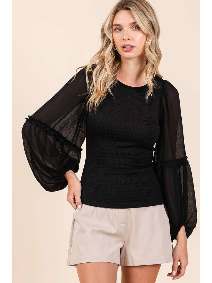 mittoshop - Wholesale Knit Top - Women's - MIXED MEDIA TEXTURED KNIT CHIFFON LONG SLEEVE TOP14