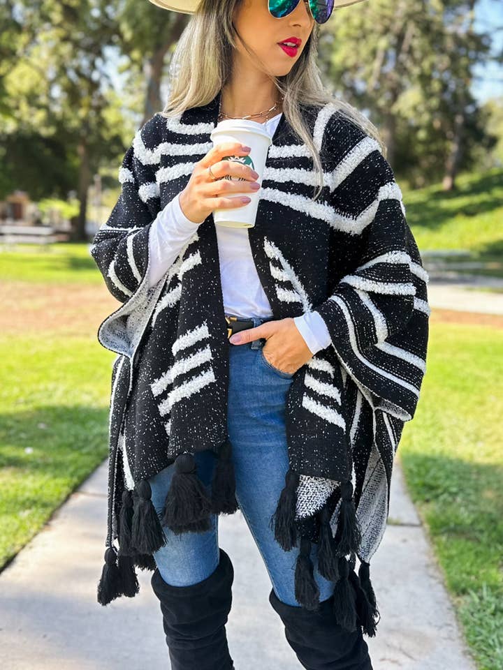 Black Western Textured Pattern With Chunky Tassel Cardigan for wholesale on Faire2