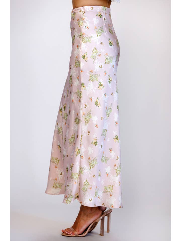 PINK MULTI FL JS5578-10 - FLORAL SATIN MIDI SKIRT for wholesale on Faire3