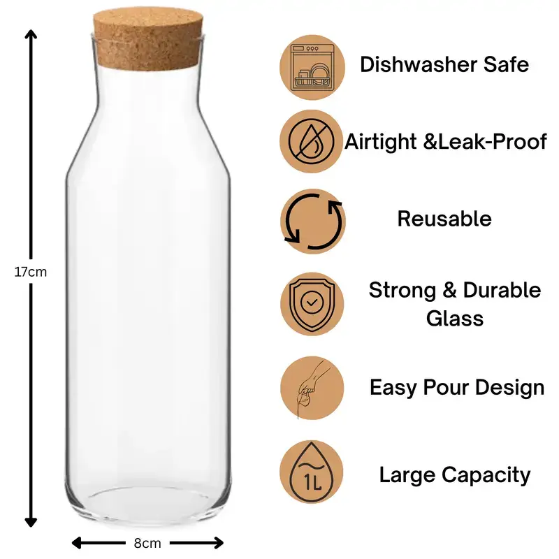 Jara Trading – wholesale Carafe – Glass Carafe - 1L Water Carafe with Lid - Versatile Clear Glass Bottle with Cork Lid, Used as a Bedside Water Carafe, Beverages or Non-Food Items Like Laundry Detergent Storage7