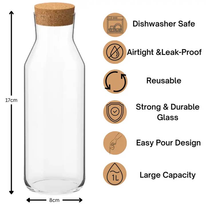Jara Trading – wholesale Carafe – Glass Carafe - 1L Water Carafe with Lid - Versatile Clear Glass Bottle with Cork Lid, Used as a Bedside Water Carafe, Beverages or Non-Food Items Like Laundry Detergent Storage7