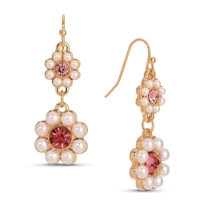 1928 Jewelry Romantic Faux Pearl Pearl & Pink Crystal Double Flower Dangling Earrings for wholesale by 1928 Jewelry