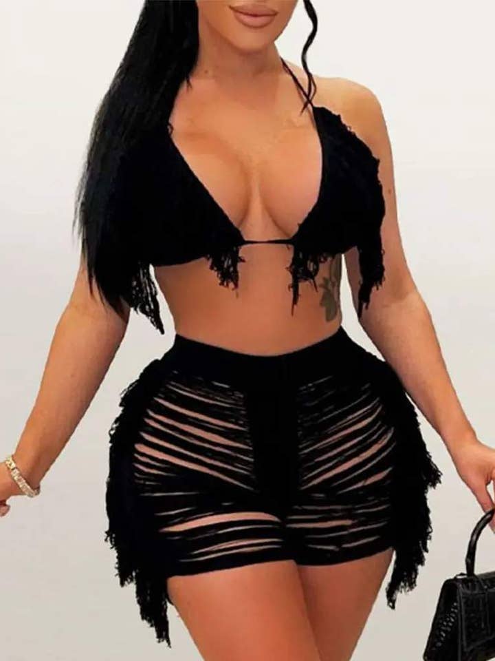 Fashion Combination - Wholesale Lounge set – Women's - trim halter crop top ripped cover up shorts set1