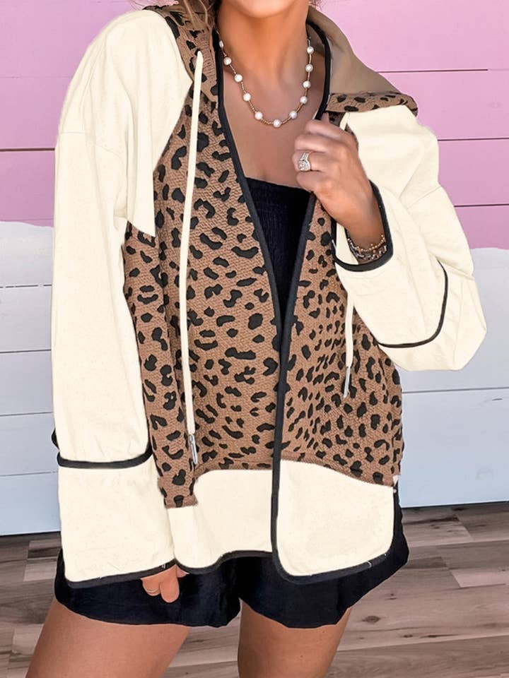 Leopard Star Patchwork Open Front Hooded Jacket for wholesale by PRETTY BASH