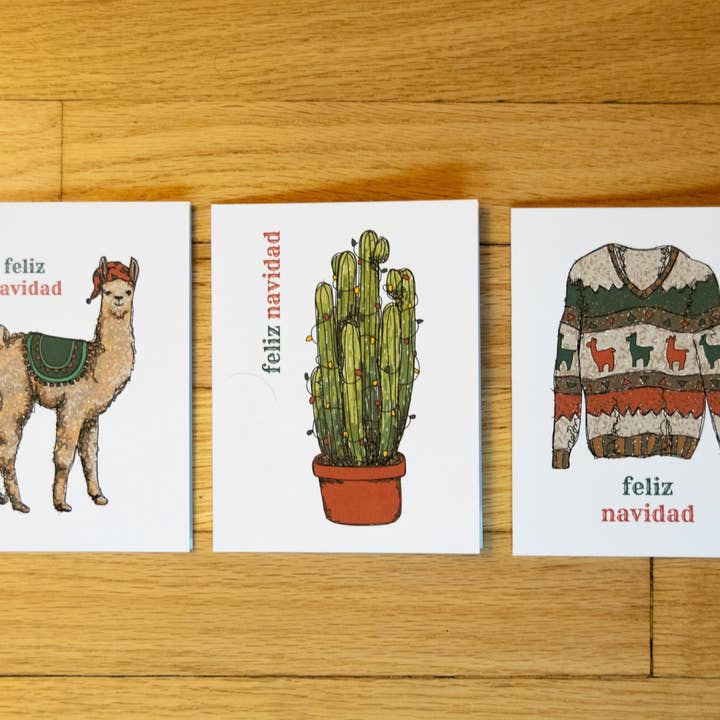 Feliz Navidad kaartenset (3 ontwerpen, 3 of 5 kaarten) voor wholesale door abigail hausman design & illustration