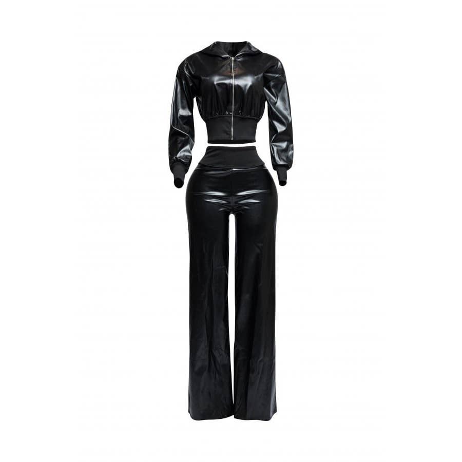 DORCAS - Wholesale Set met top en broek (GEEN Loungewear) - Dames - Set van PU-jack met capuchon en broek met wijde pijpen3