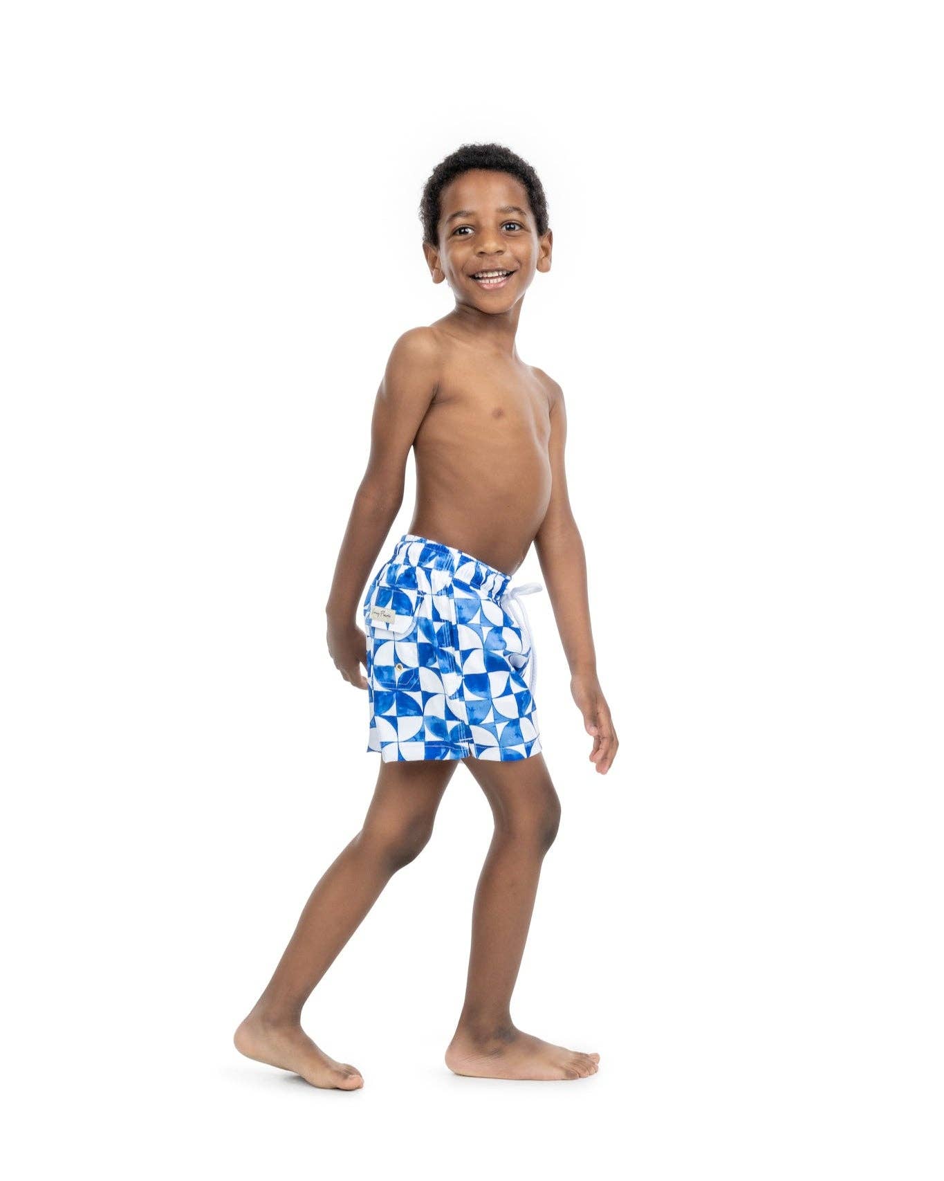 Boys Blue and White Print Swim Trunks for wholesale on Faire