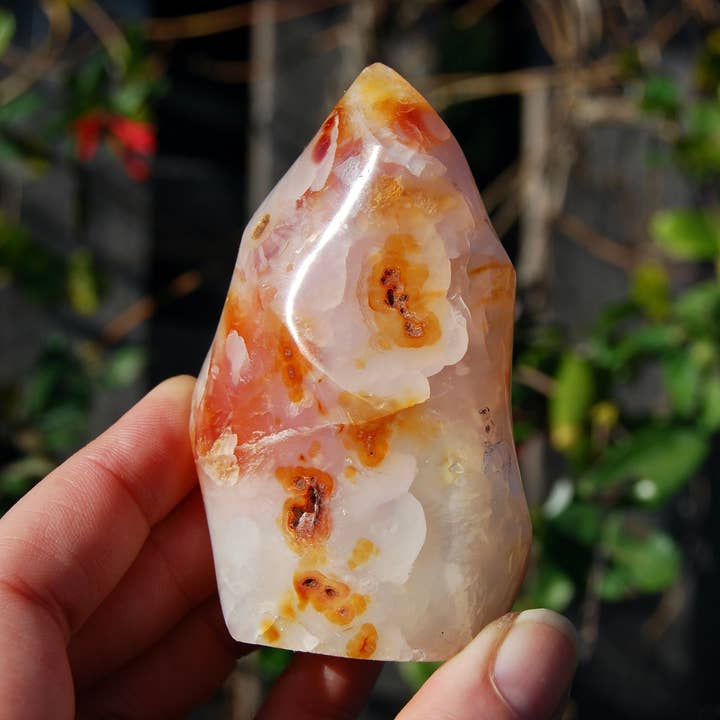 Tour de flamme en cristal de cornaline orbiculaire de 3,25 pouces 194g, Madagascar pour la vente par Caspar Curiosities