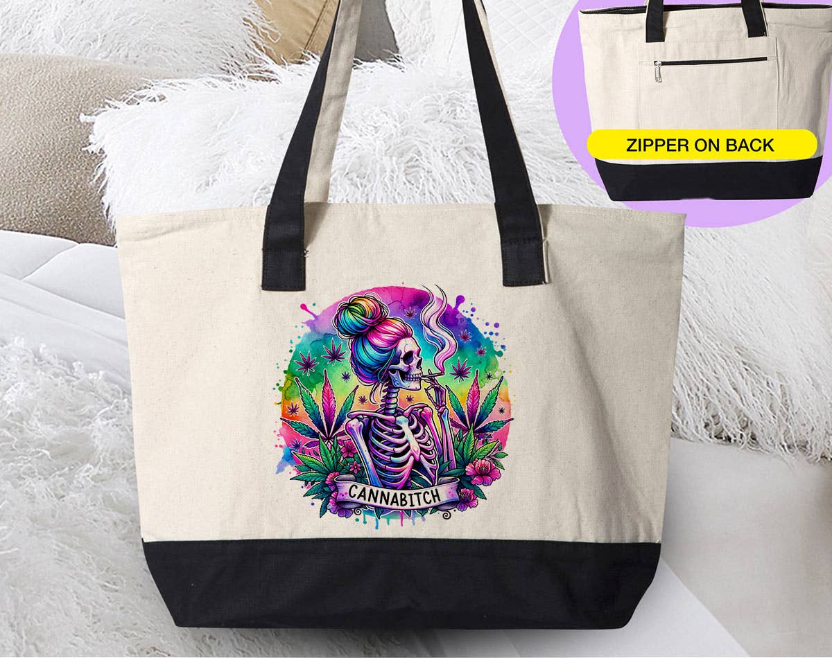House Of Rodan - Wholesale Tote Bag - Women's - Cannabitch Skeleton Hippie - Funny Hemp Weed Tote Bag