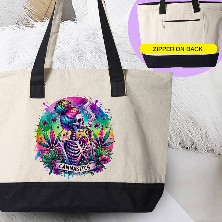 House Of Rodan - Wholesale Tote Bag - Women's - Cannabitch Skeleton Hippie - Funny Hemp Weed Tote Bag0