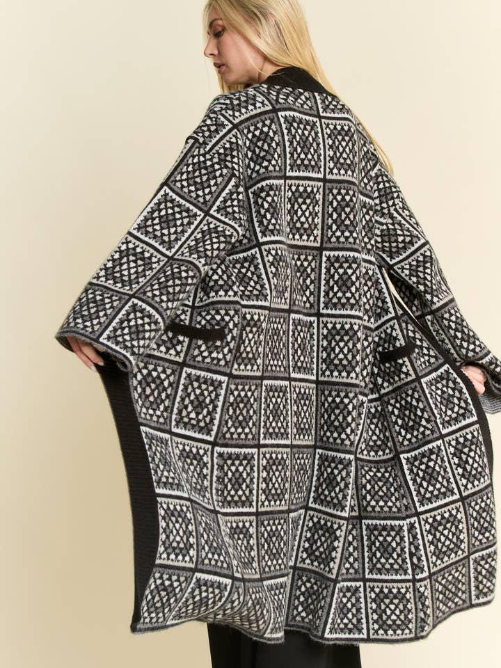 Davi & Dani - Wholesale Cardigan - Women's - GRANNY SQUARE INSPIRED OPEN DUSTER KNIT CARDIGAN