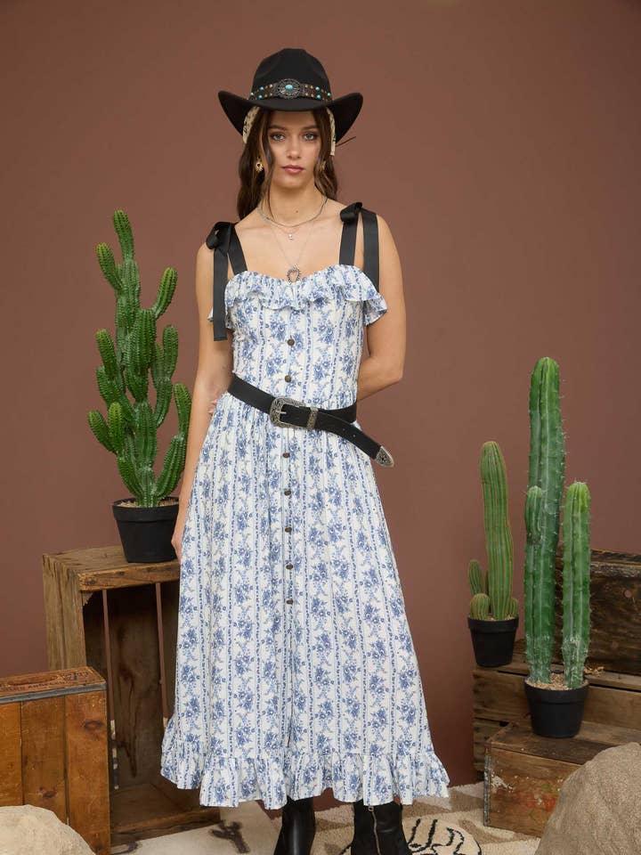 Blu Pepper - Wholesale Dress - Women's - STRIPE FLORAL RUFFLE DETAIL BUTTON DOWN MIDI DRESS0