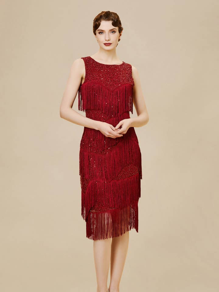 Shimmer Tiered Fringe Bias Hem Dress for wholesale by BABEYOND