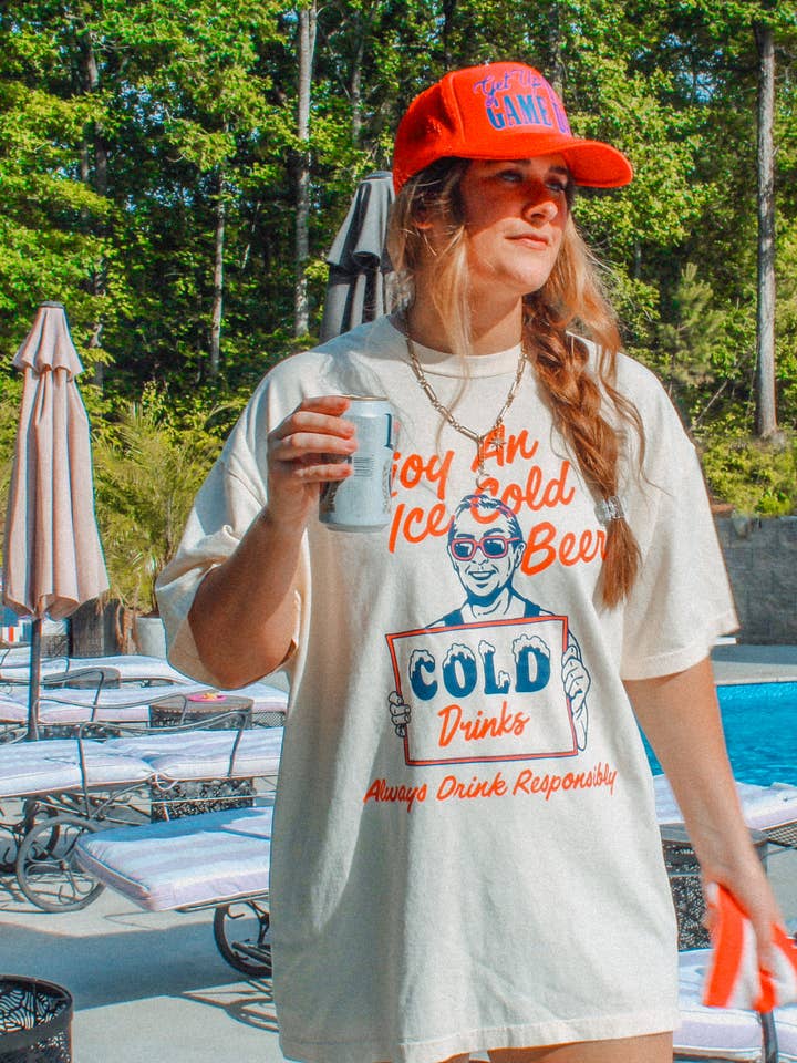 The Clandestine Underground - Wholesale Screen Printed T-Shirt - Women's - Enjoy An Iced Cold Beer, Summer Oversized TShirt