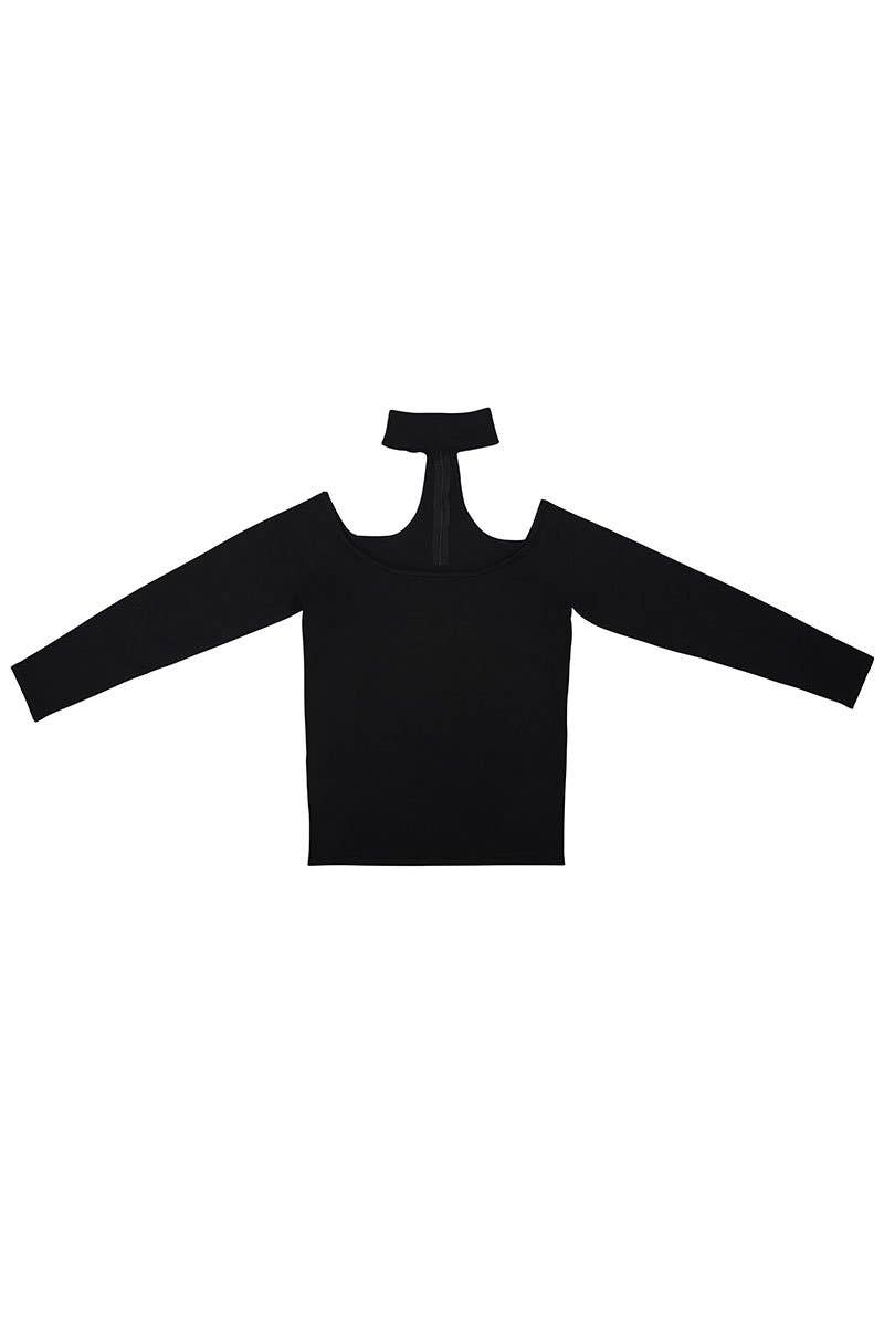 Black Long Sleeve Choker Neck Sweater with Zipper for wholesale on Faire4
