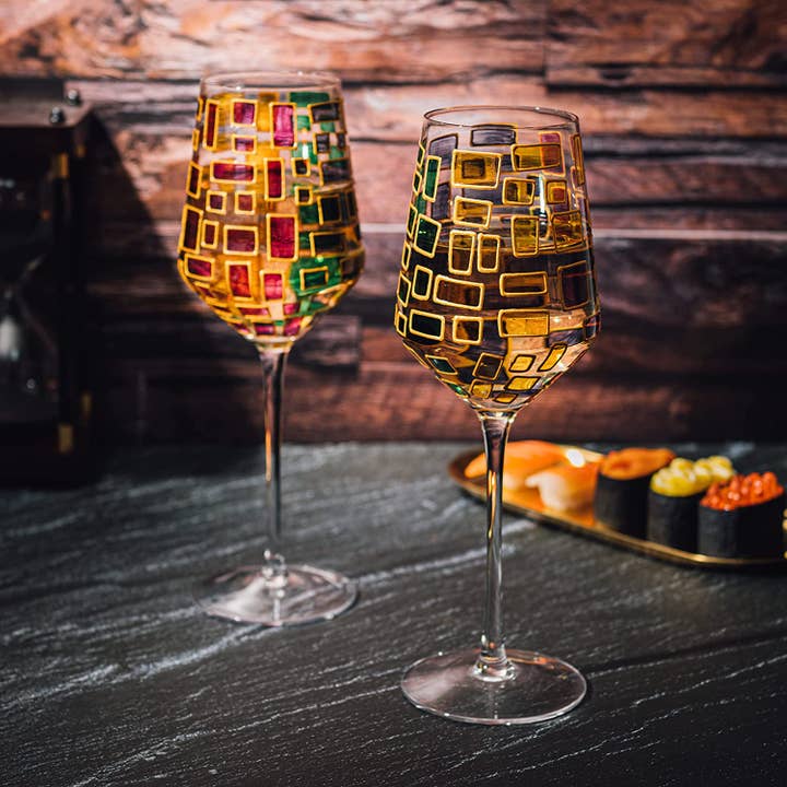 The Wine Savant / Khen Glassware - Vendita all'ingrosso Bicchieri da vino - Set di 2 bicchieri da vino rinascimentali con stelo arcobaleno colorato