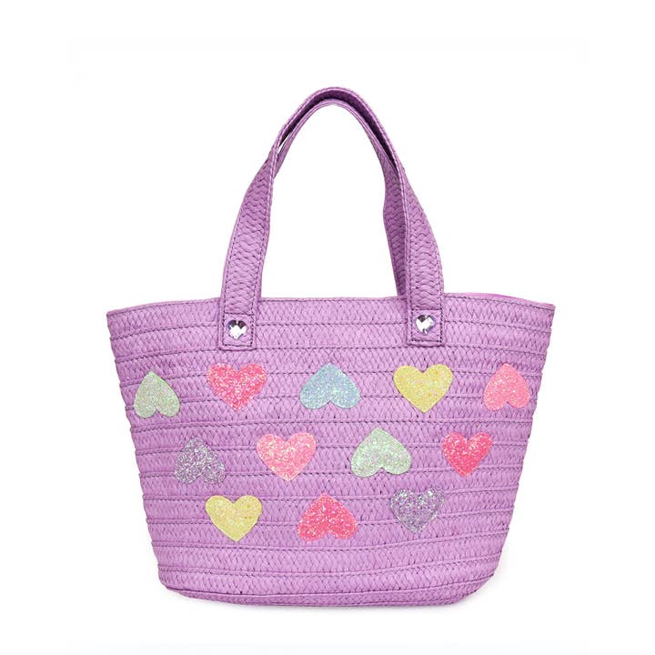 Heart-Patched Purple Straw Tote Bag for wholesale by OMG Accessories