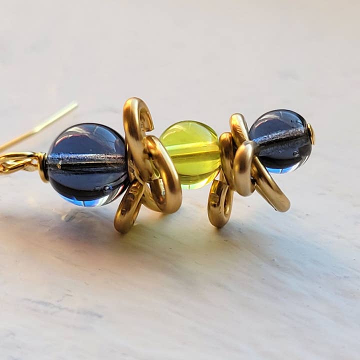 Gold Blue & Green Beaded "Newport Spiral" Earrings/Coastal for wholesale by Teahan K Jewelry