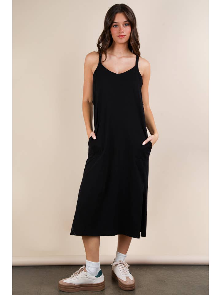 VERY J – Großhandel Kleid – Damen – VERY J Freizeit-Midikleid mit V-Ausschnitt und Ärmellos