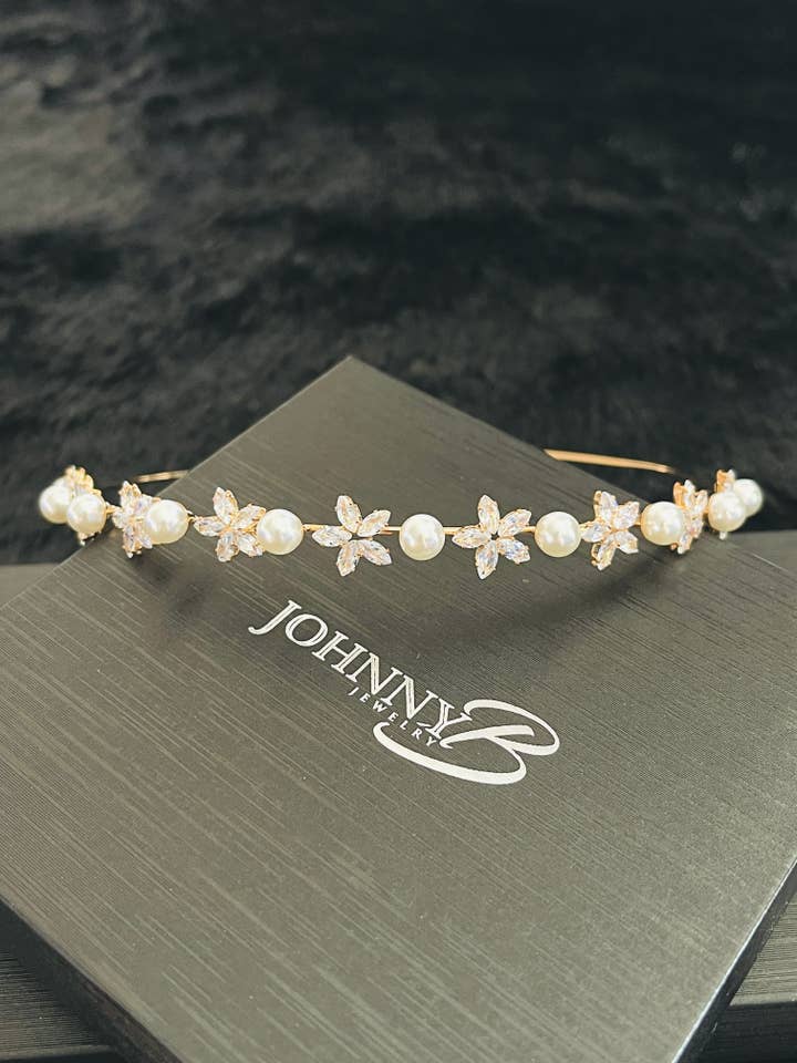 DAISY - FLOWER CZ MARQUISE AND TINY PEARL TIARA IN GOLD for wholesale by JohnnyB Jewelry