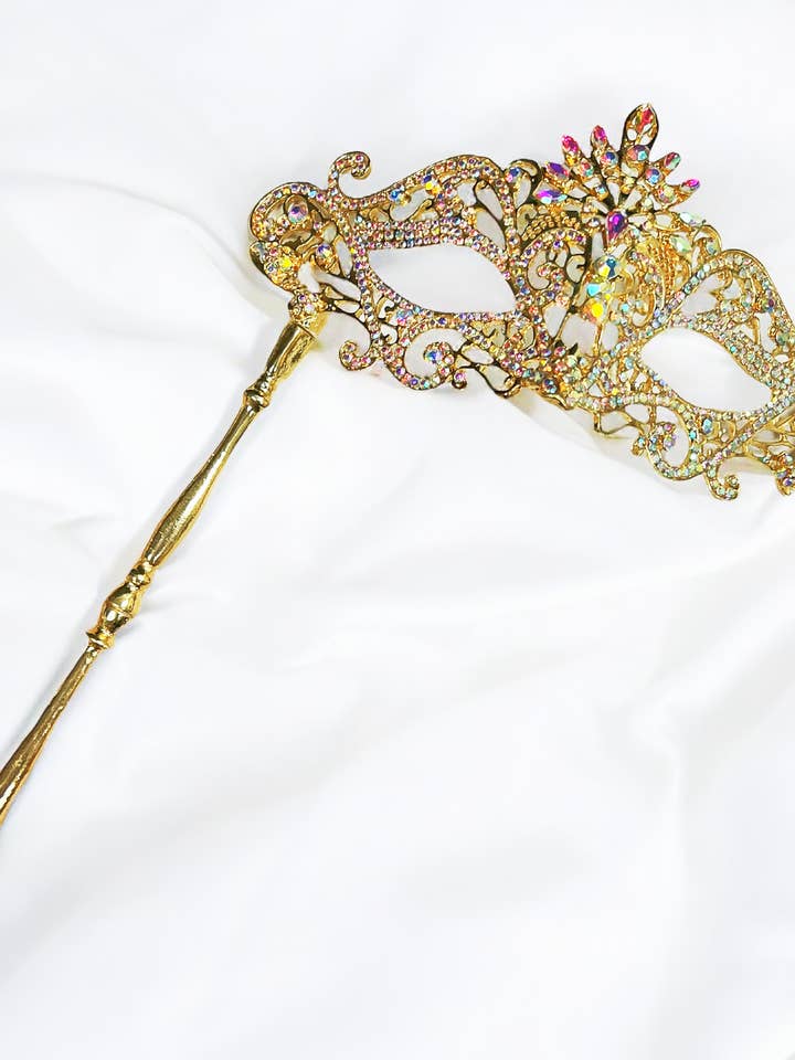 Happy Dream Gifts – wholesale Costume – Unisex – Masquerade Mask with Stick, Crystal Mask, Yellow Gold Mask7