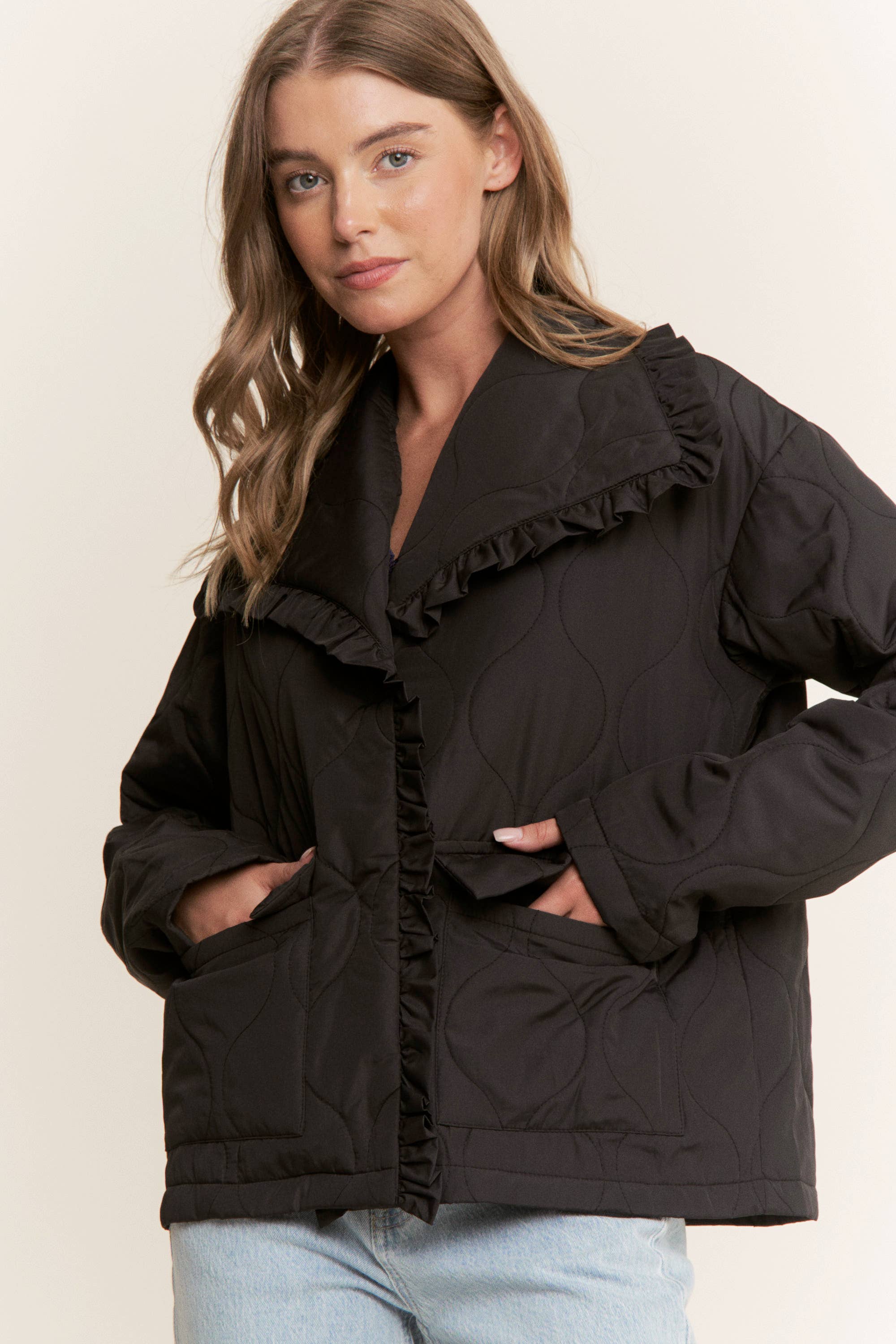 Sweet Generis - Wholesale Jacket - Women's - RUFFLE EDGE DETAIL QUILTED LOOSE FIT JACKET19