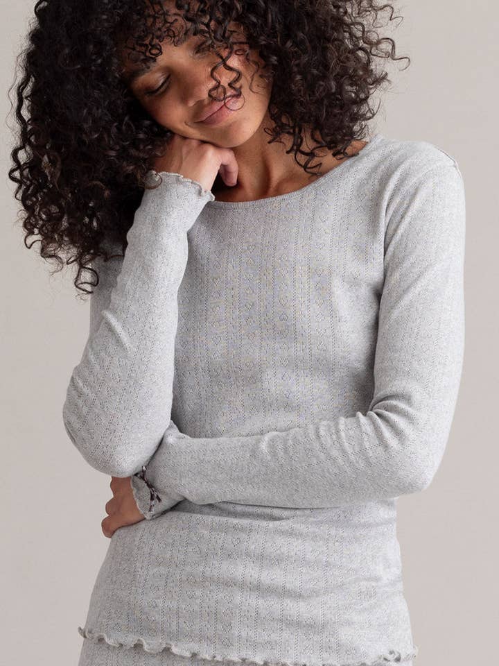 Camisola de Manga Comprida Pointelle Cinza Mesclado por atacado de Hey Honey