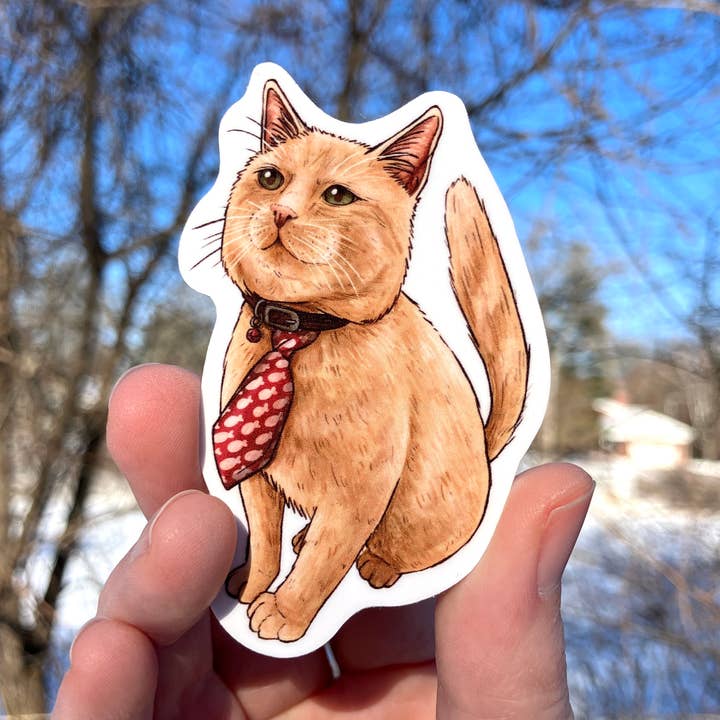 Orange Cat Wearing a Tie, Premium Vinyl Sticker for wholesale by Art Fimbel