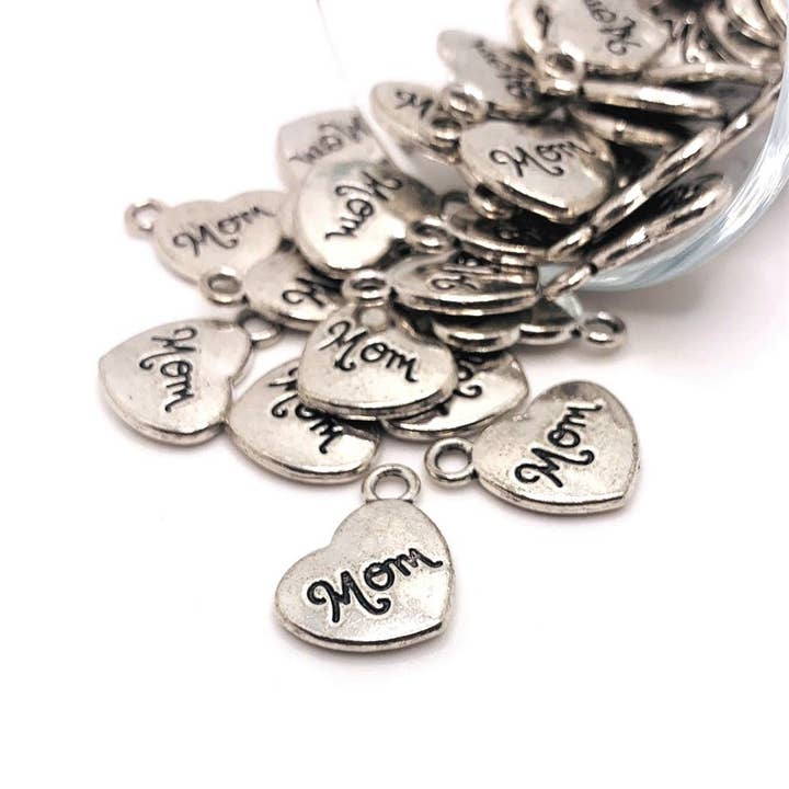 Antique Silver Mom Heart Charms, 15x17mm for wholesale by Guerrilla Charm