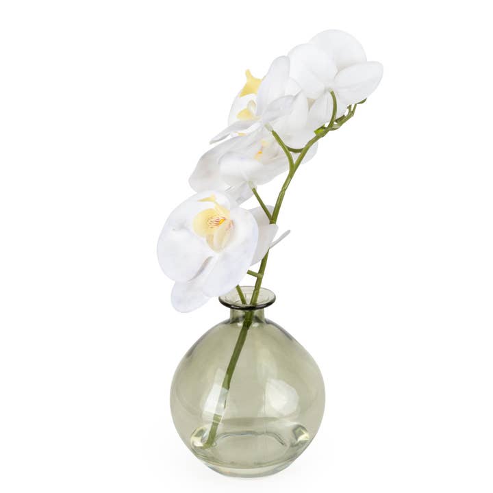 Candlelight Products Ltd – wholesale Artificial flowers – 33cm Orchid in Green Glass Vase 6PK2