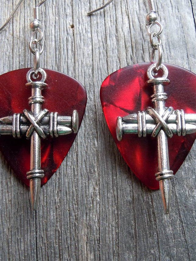 Bound Nails Cross Charm Guitar Pick Earrings for wholesale by Simply Raevyn