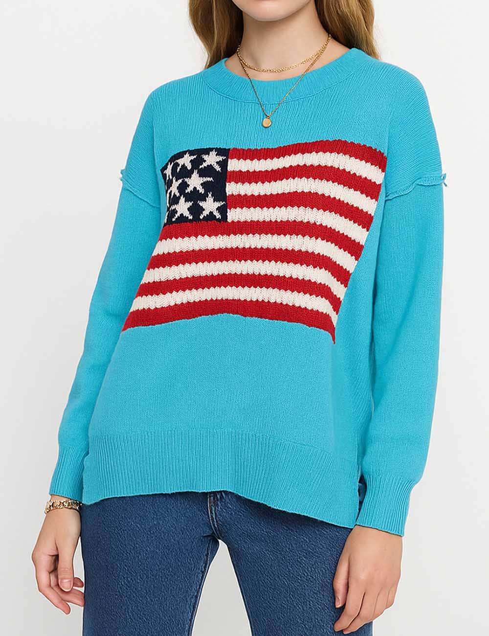 Sweetkama - Venta al por mayor Jersey de punto - Mujer - Jersey de Mujer con Cuello Redondo y Bandera Americana SKT4107014