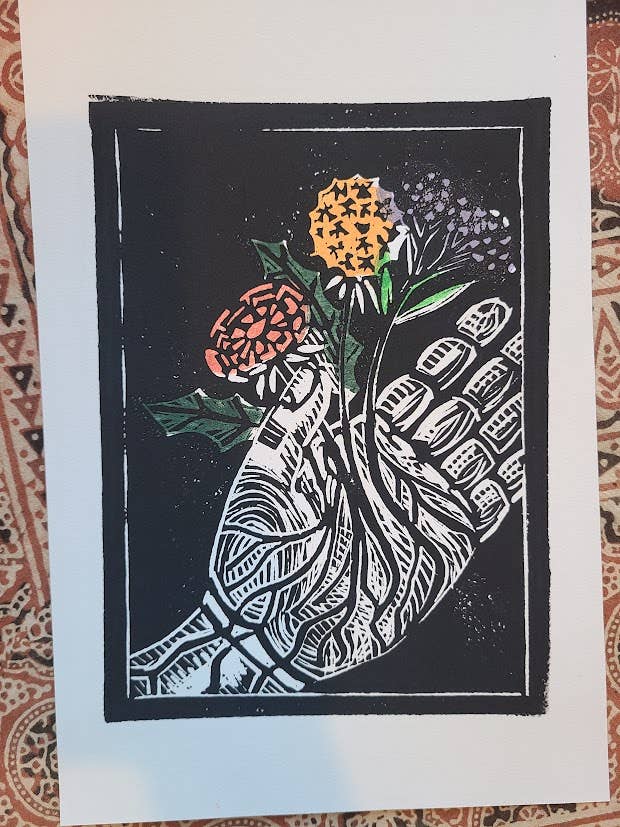 "Let the year & its blessings begin" Original linocut print for wholesale by FoxprintCards