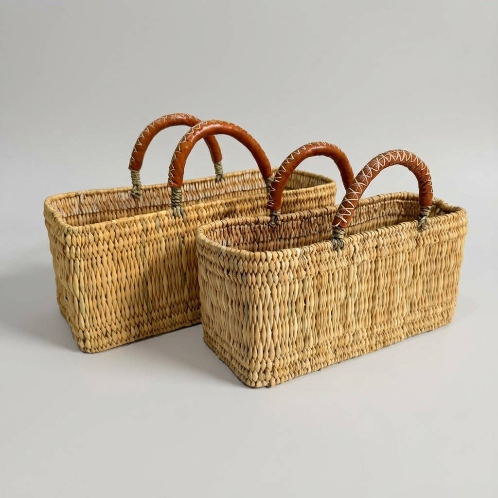 Brown Rectangular Reed Storage Basket Leather Handle Market Tote for wholesale on Faire3