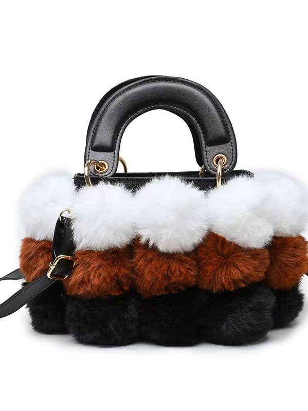 FAUX FUR MULTI COLOR POMPOM CROSSBODY HAND BAG for wholesale by Bestto