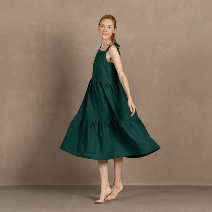 Linen Pinafore Dress Uma - Ruffle Smock Dress Minimalist for wholesale by menique