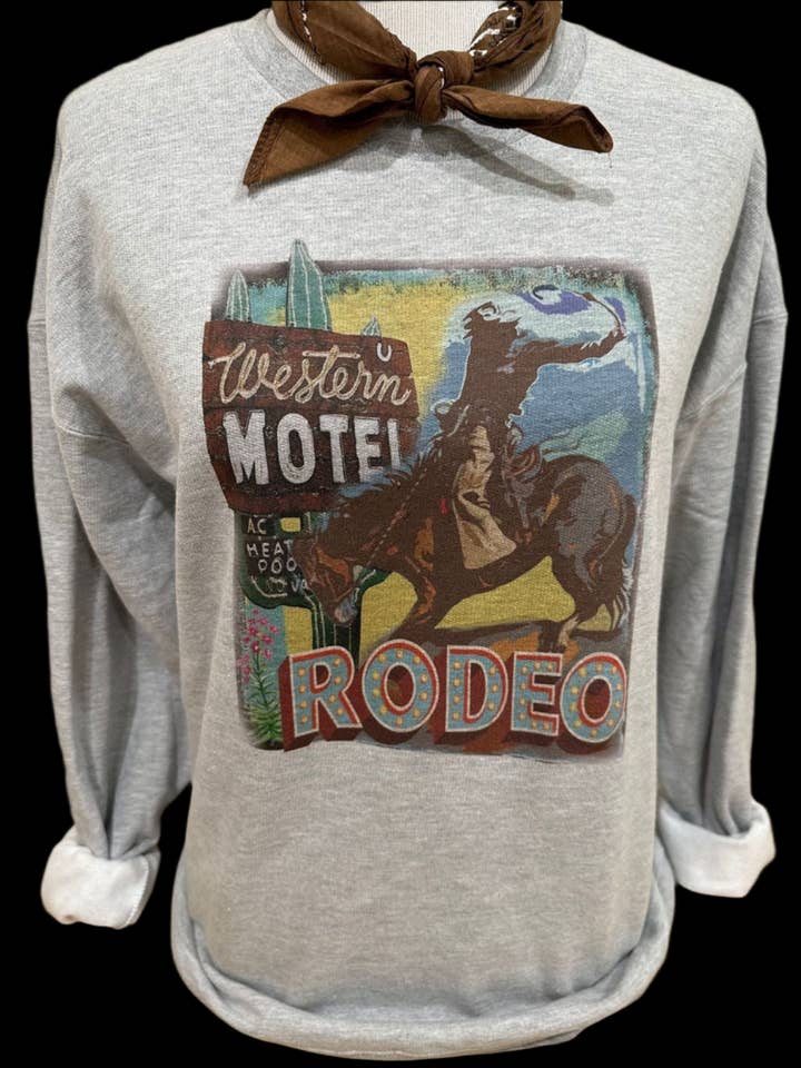 Western Motel Rodeo on Heather Grey Sweatshirt / Cowboy for wholesale by Bling-A-GoGo, LLC