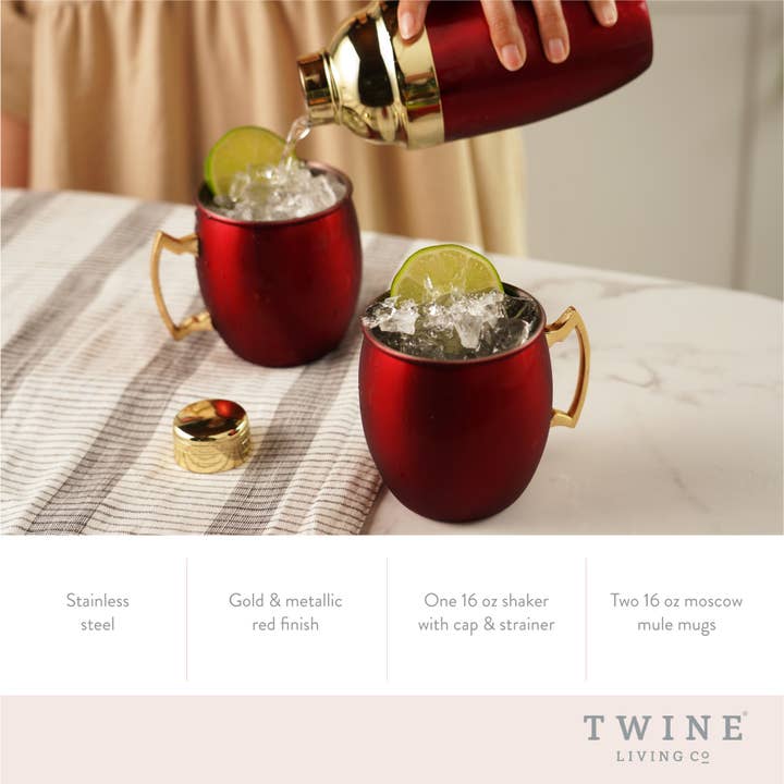 Twine - Wholesale Cocktail/Liquor Glass - Red and Gold Plated Shaker and Moscow Mule Mugs Set of 34