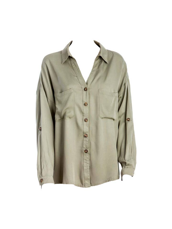 SOHUMAN – Camisa com botões no colarinho – Mulher por atacado – Blusa Verde Oliva Valam com Bolsos, Gola e Botões