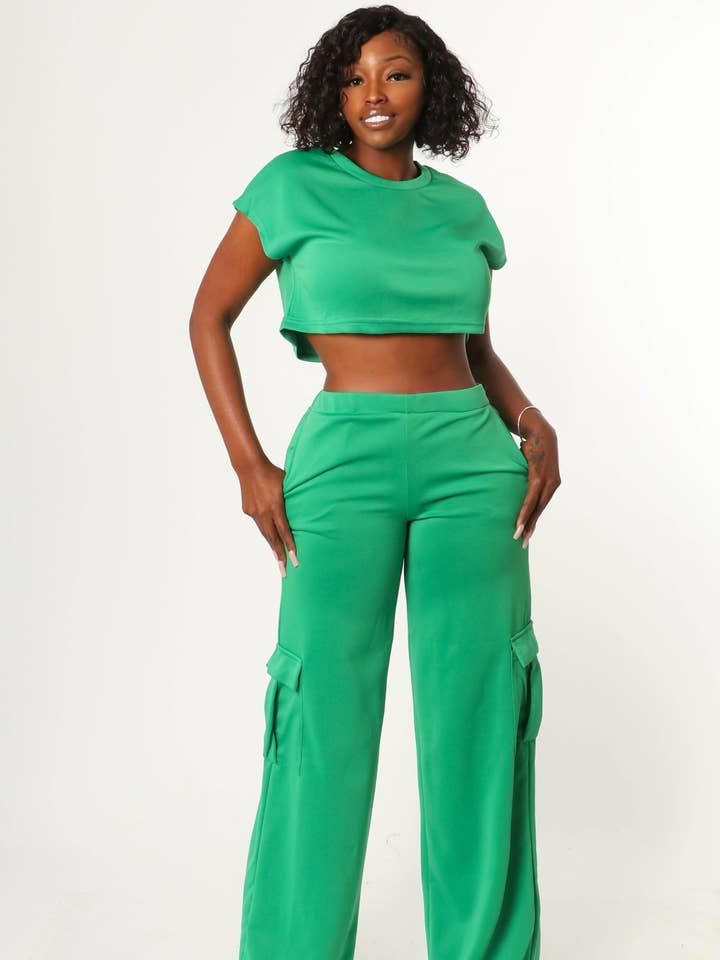 KELLY GREEN LOOSE FIT CROP TOP AND CARGO PANT SET for wholesale by BJ's Closets
