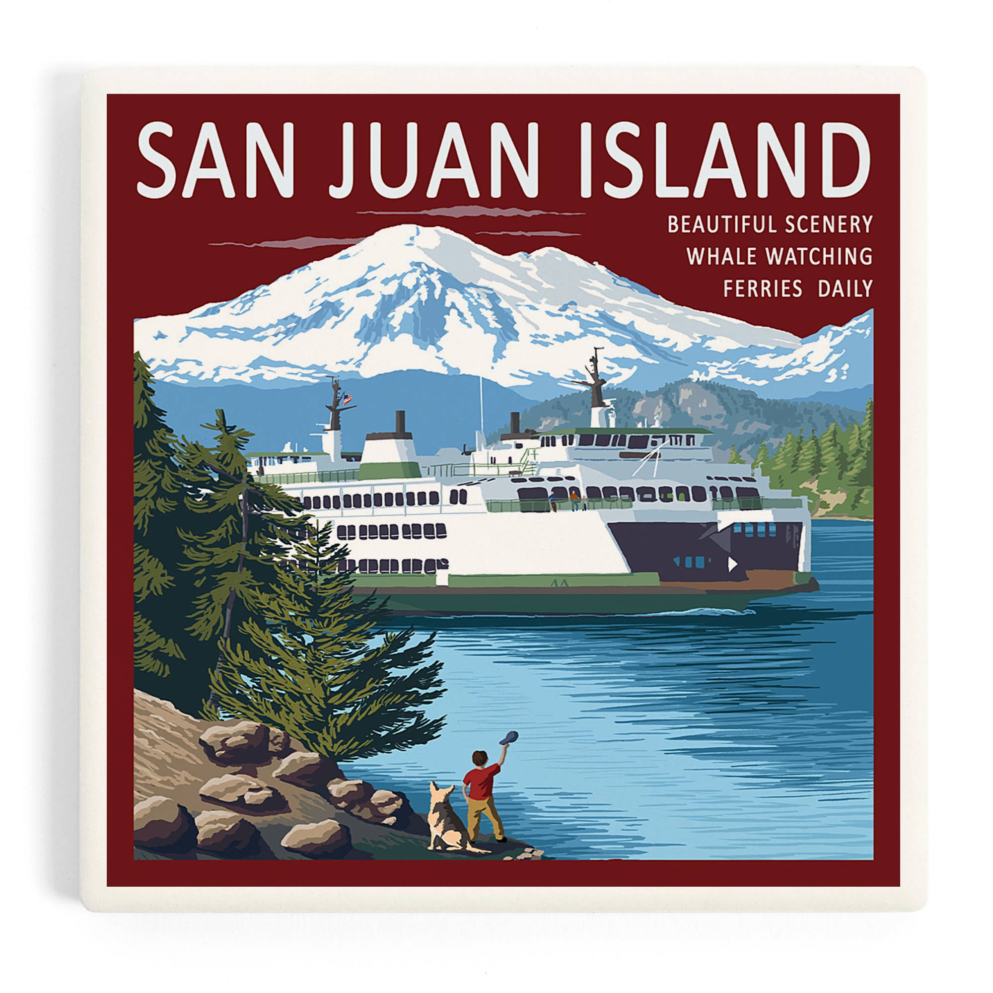Lantern Press - Wholesale Coasters - CERAMIC COASTER San Juan Island, Boy Waving at Ferry0