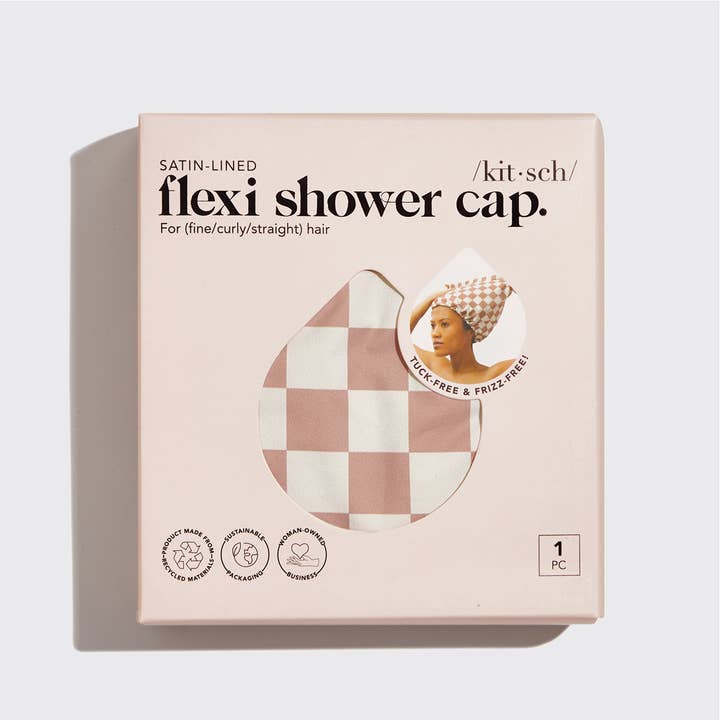 KITSCH - Wholesale Showercap - Satin Lined Flexi Shower Cap - Terracotta Checker