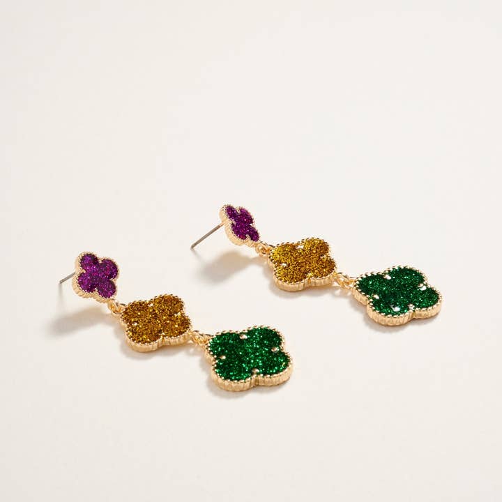 Multi Glitter Mardi Gras Clover Link Drop Post Earrings for wholesale on Faire1