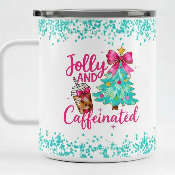 10 OZ. Jolly and Caffeinated Bright Christmas Coffee Mug for wholesale by JAC Wholesale