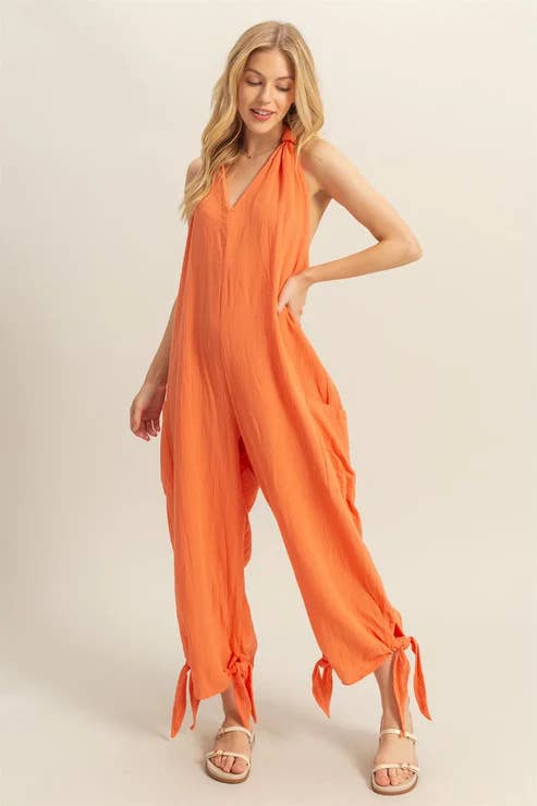 BJ's Closets - Wholesale Jumpsuit - Women's - Cotton Halter Open Back With Drawstring Tie Wide Leg Loose