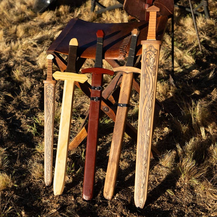 Backwoods Provisions - Wholesale Classic Toy - Kids - Large Wood Replica Viking Sword ith Norse Motif, Wooden Sheath with Leather Wrapped Handle5